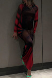Красный сексуальный принт в стиле пэчворк Прозрачные платья с круглым вырезом и юбкой на один шаг