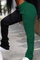 Black Green Casual Patchwork Contrast Regular High Waist Trousers