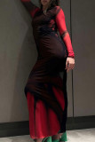 赤いセクシーなプリント パッチワーク シースルー O ネック ワン ステップ スカート ドレス