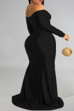 Zwarte sexy formele effen rugloze spleet uit de schouder avondjurk plus size jurken
