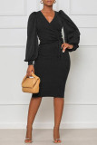 Ink Green Casual Solid Patchwork Draw String V Neck Pencil Skirt Dresses