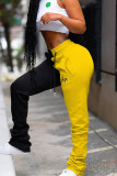 Желто-серые повседневные брюки с высокой талией в стиле пэчворк с контрастной отделкой