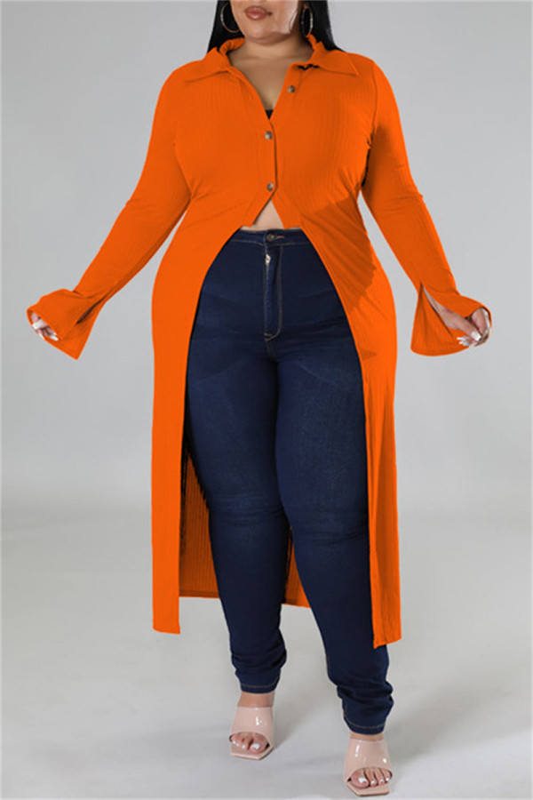 Оранжевый повседневный однотонный лоскутный кардиган с отложным воротником плюс размер пальто
