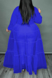 Vestidos de talla grande con cuello vuelto y hebilla de retazos sólidos casuales de moda azul