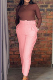 Patchwork sólido casual rosa con cinturón Cintura alta Pantalones rectos de color sólido