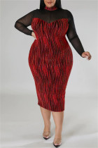 Rode sexy casual print patchwork doorschijnende coltrui lange mouwen plus size jurken
