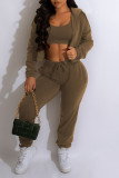 Army Green Casual Solid Patchwork U Neck Long Sleeve Three Pieces