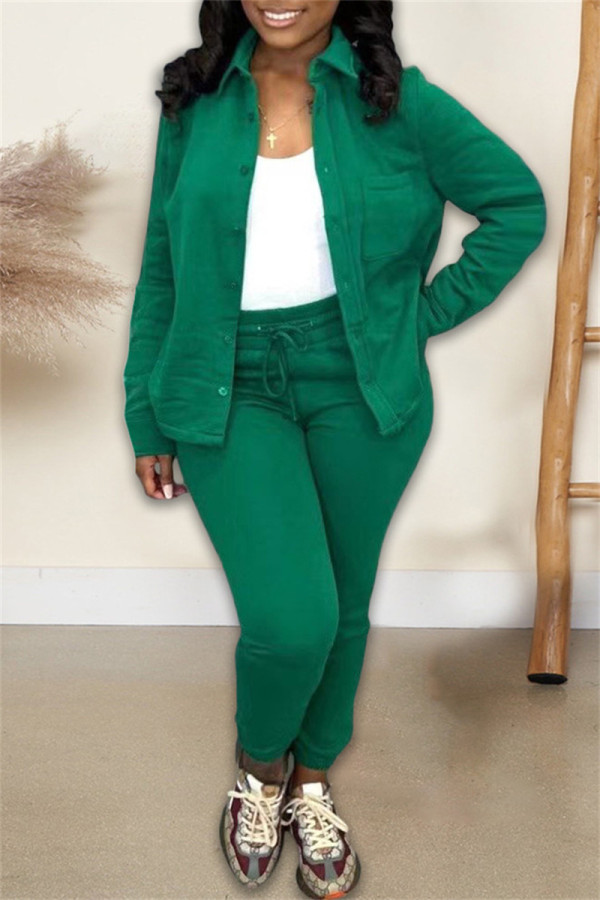 Pantaloni cardigan solido casual verde colletto rovesciato manica lunga due pezzi