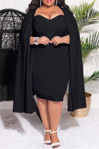 Black Casual Solid Patchwork Square Collar Long Sleeve Plus Size Dresses