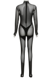 Svarta Sexiga Solid Patchwork Genomskinliga Skinny Jumpsuits med turtleneck