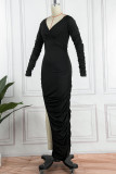 Vestidos de falda de lápiz con cuello en V y abertura de patchwork sólido sexy negro