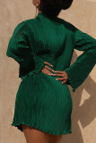 Groene casual effen patchwork gevouwen rechte jurken met ronde hals