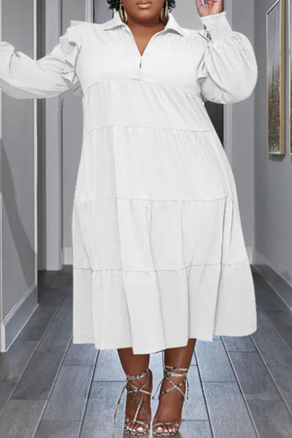 Белые повседневные однотонные платья в стиле пэчворк с отложным воротником и длинным рукавом, платья больших размеров