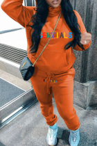 オレンジ カジュアル プリント レター フード付きカラー 長袖 XNUMX ピース