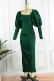 Vestido de noche de cuello cuadrado de patchwork sólido elegante verde tinta Vestidos