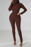 Brown Casual Solid Patchwork Basic Turtleneck Skinny Jumpsuits