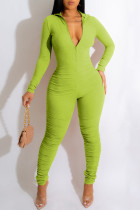 Green Yellow Casual Solid Fold Zipper Collar Skinny Jumpsuits
