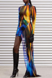 Kleur Sexy Print Patchwork Asymmetrische Halve coltrui Onregelmatige jurk Jurken