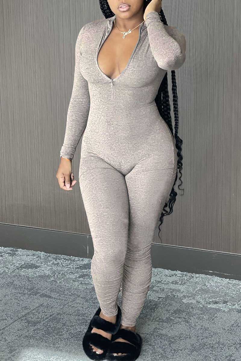 

Grey Casual Solid Patchwork Zipper Zipper Collar Skinny Jumpsuits