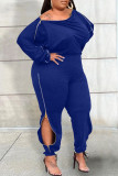Blauwe casual effen patchwork-jumpsuits met O-hals en grote maten