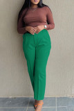 Patchwork sólido casual verde com cinto cintura alta reta cor sólida parte inferior