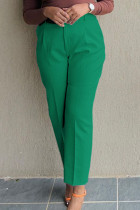 Grünes, lässiges, solides Patchwork mit Gürtel, gerader, einfarbiger Hose mit hoher Taille