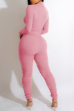 Roze casual effen skinny jumpsuit met vouwrits en kraag