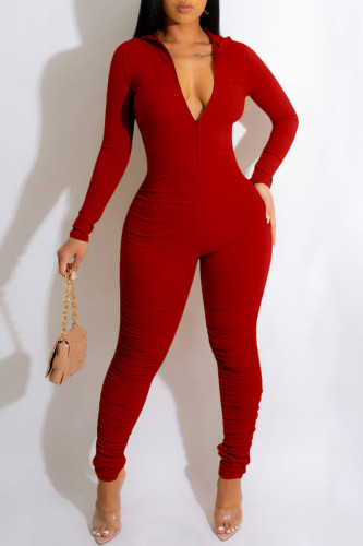 Red Casual Solid Fold Zipper Collar Skinny Jumpsuits