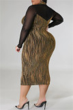 Goud sexy casual print patchwork doorzichtige coltrui lange mouw plus size jurken