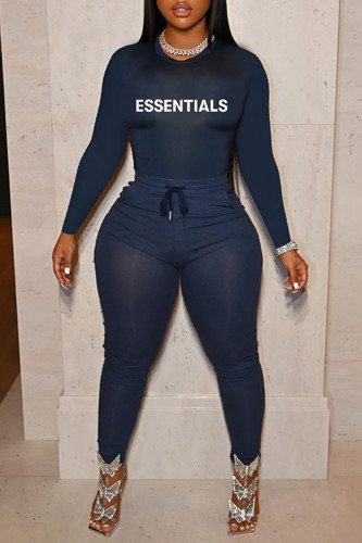 Navy Blue Casual Letter Print Basic O Neck Long Sleeve Two Pieces