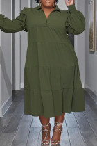 Армейский зеленый повседневный сплошной лоскутный отложной воротник с длинным рукавом платья больших размеров