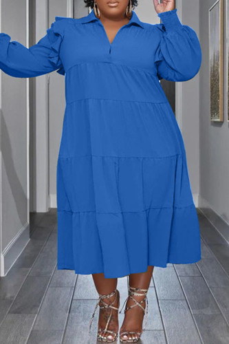 Blue Casual Solid Patchwork Turndown Collar Long Sleeve Plus Size Dresses