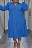 Blue Casual Solid Patchwork Turndown Collar Long Sleeve Plus Size Dresses