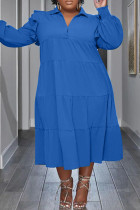 Blauw Casual Solid Patchwork Turndown Collar Grote maten jurken met lange mouwen
