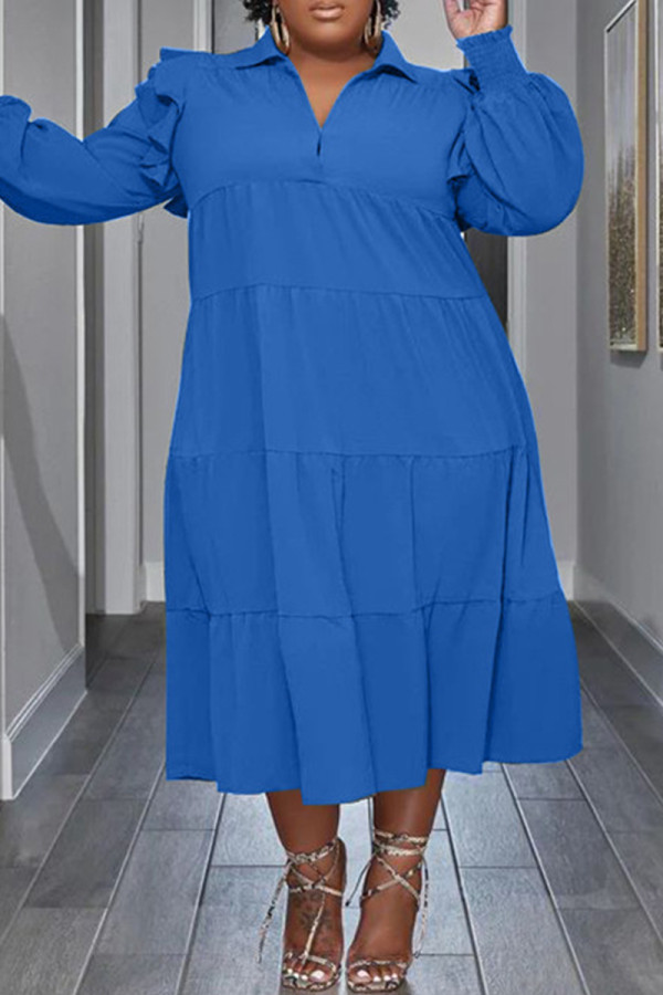 Blauw Casual Solid Patchwork Turndown Collar Grote maten jurken met lange mouwen