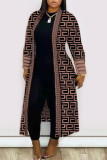 Burgundy Casual Daily Print Printing Cardigan Collar Plus Size Outerwear