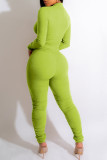 Green Yellow Casual Solid Fold Zipper Collar Skinny Jumpsuits