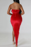 Rote sexy feste Patchwork-Federn schlitzen trägerlose Abendkleid-Kleider