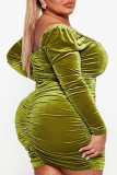 Оливково-зеленые сексуальные повседневные однотонные лоскутные платья с квадратным воротником и длинными рукавами