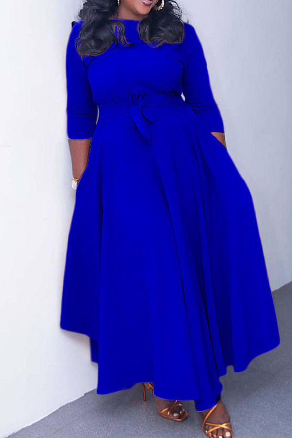 Синие повседневные сплошные бинты в стиле пэчворк с круглым вырезом платья