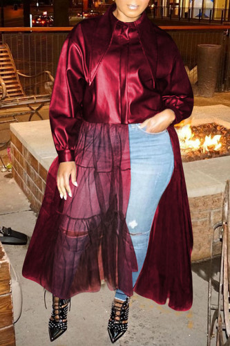 Burgundy Casual Solid Patchwork Zipper Turndown Collar Outerwear