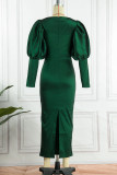 Tintengrüne, elegante, solide Patchwork-Abendkleider mit quadratischem Kragen