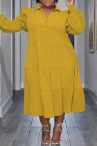 イエロー カジュアル ソリッド パッチワーク ターンダウン カラー ロング スリーブ プラス サイズ ドレス