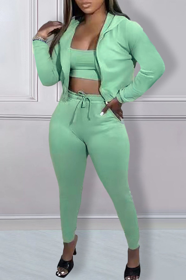 Fruit Green Casual Solid Patchwork Hooded Collar Long Sleeve Three Pieces Bra Tops Jackets And Skinny Pants Sets
