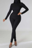 Zwarte casual effen patchwork basic coltrui skinny jumpsuits