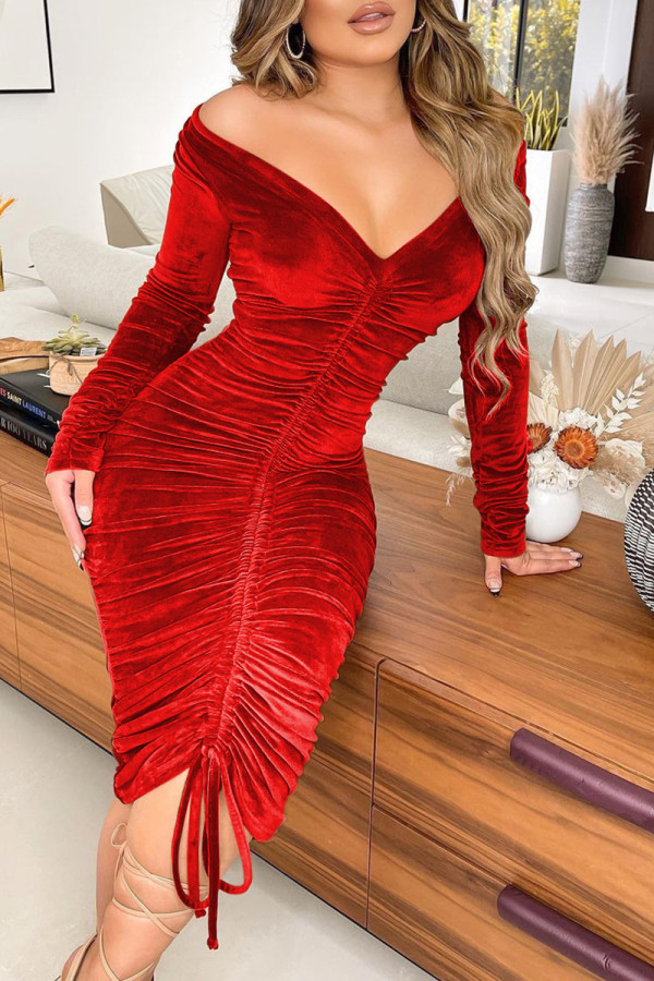 Rode sexy casual effen trekkoord vouw off-shoulder jurken met lange mouwen