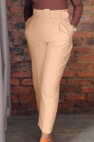 Weiße, lässige, solide Patchwork-Hose mit Gürtel, gerader, einfarbiger Hose mit hoher Taille