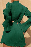 Green Casual Solid Patchwork Fold O Neck Straight Dresses