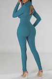Blue Casual Solid Patchwork Basic Turtleneck Skinny Jumpsuits