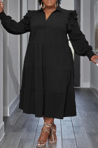 Robes de grande taille noires décontractées en patchwork col rabattu à manches longues
